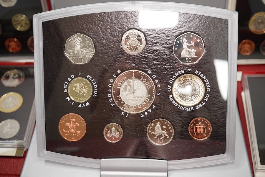 British coins, QEII, Royal Mint, seven UK proof coins sets, deluxe 1997-1999 and 2001-2003 and executive 2000